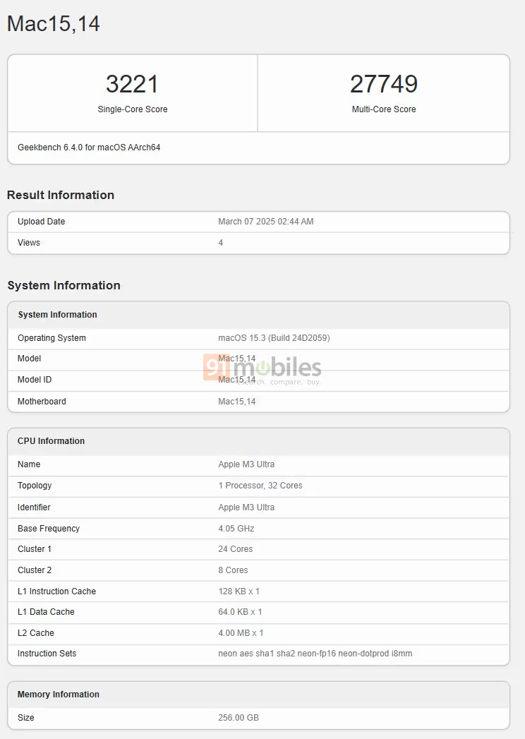 Apple M3 Ultra Geekbench